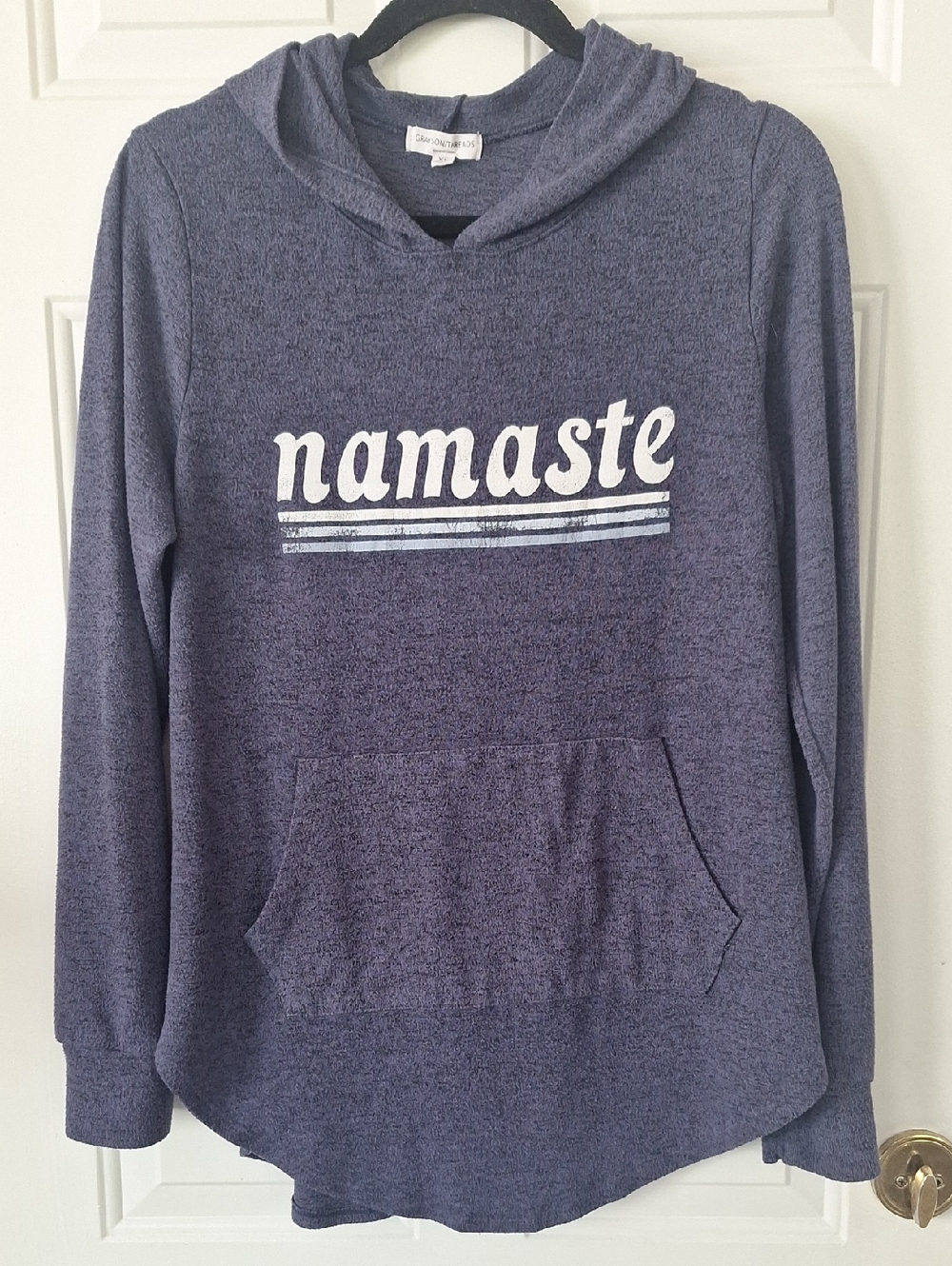 Grayson Threads Heather Navy Hooded NAMASTE Pullover